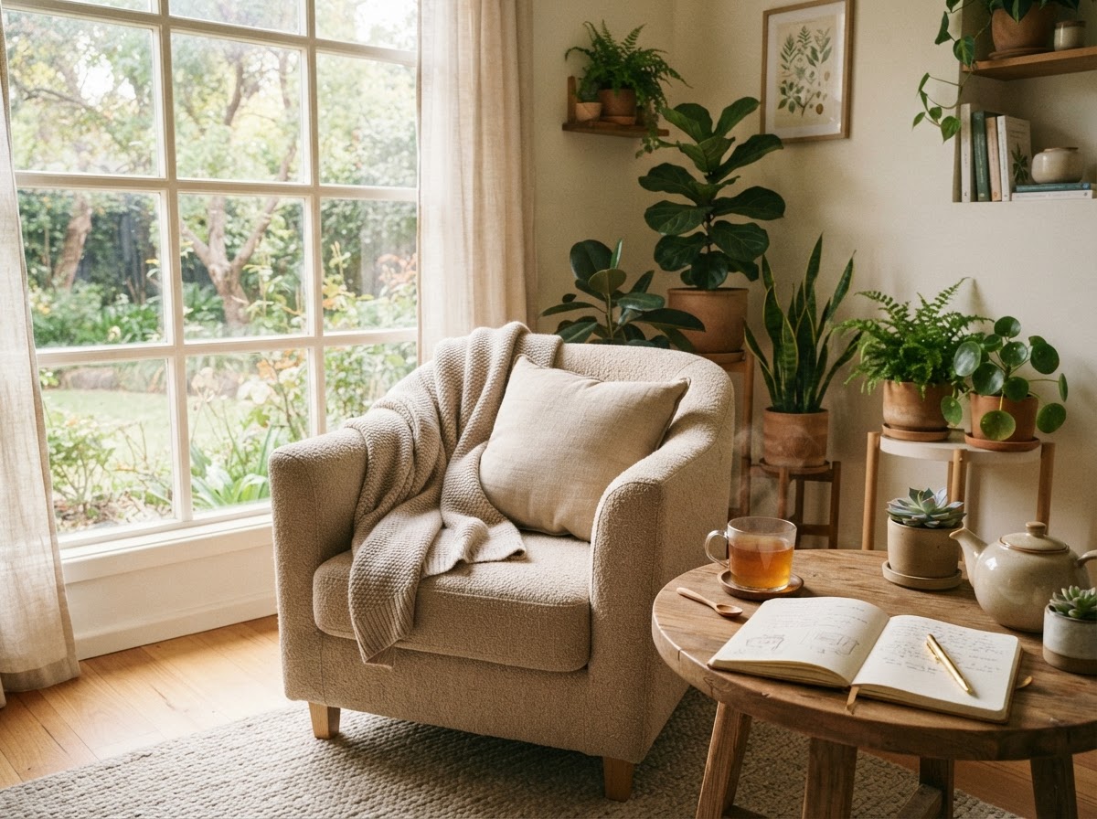 A peaceful wellness clinic interior with a comfortable armchair near a window, soft warm lighting, a cup of herbal tea and a notebook on a small table