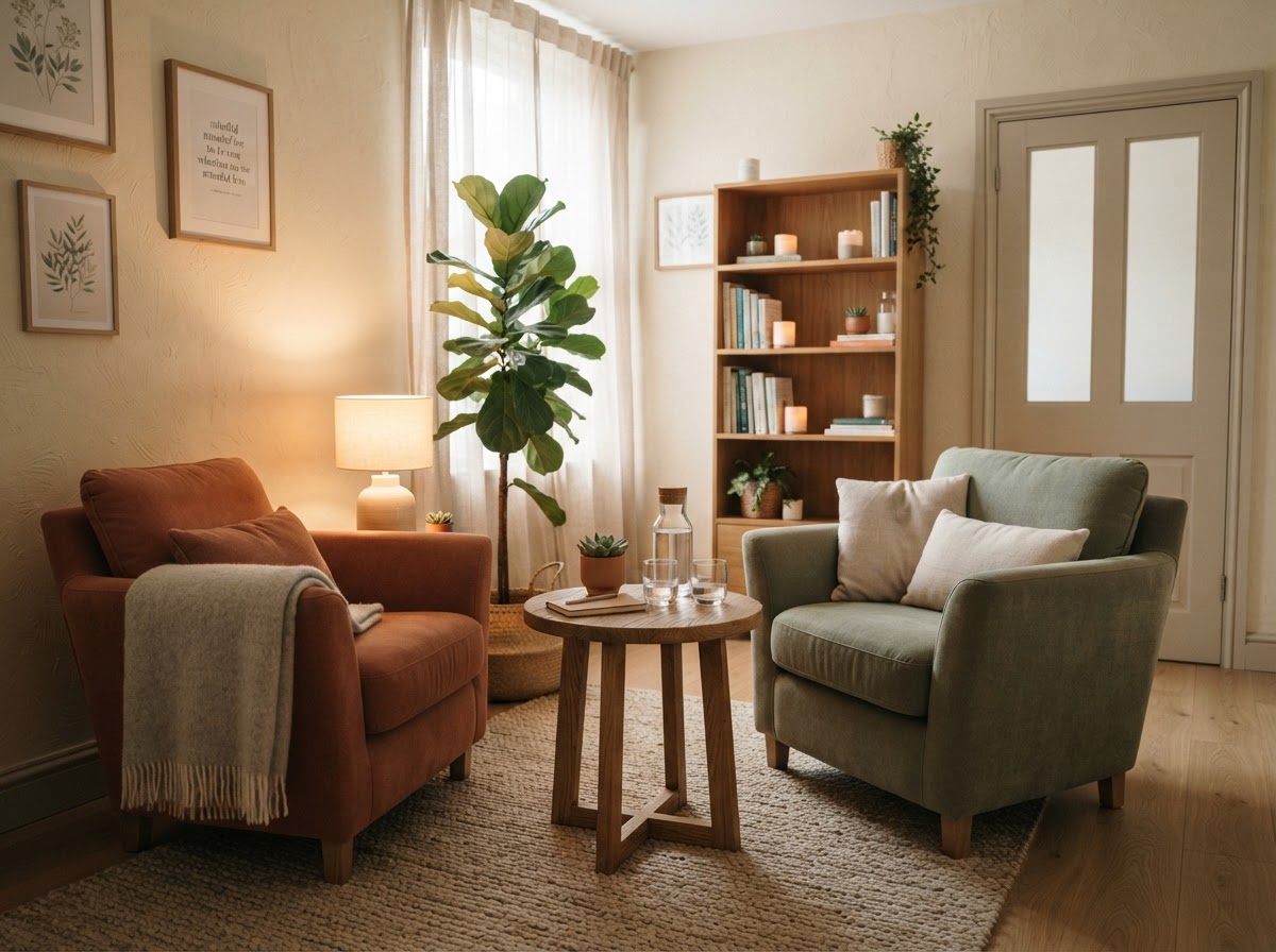 A warm, private consultation room with two comfortable armchairs and soft lighting in a wellness clinic