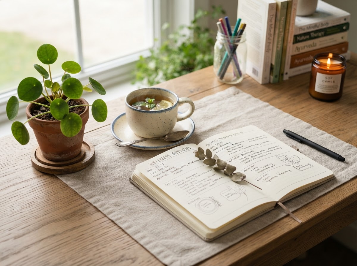 A calm wooden desk with an open notebook, a cup of herbal tea and a small green plant in soft natural light