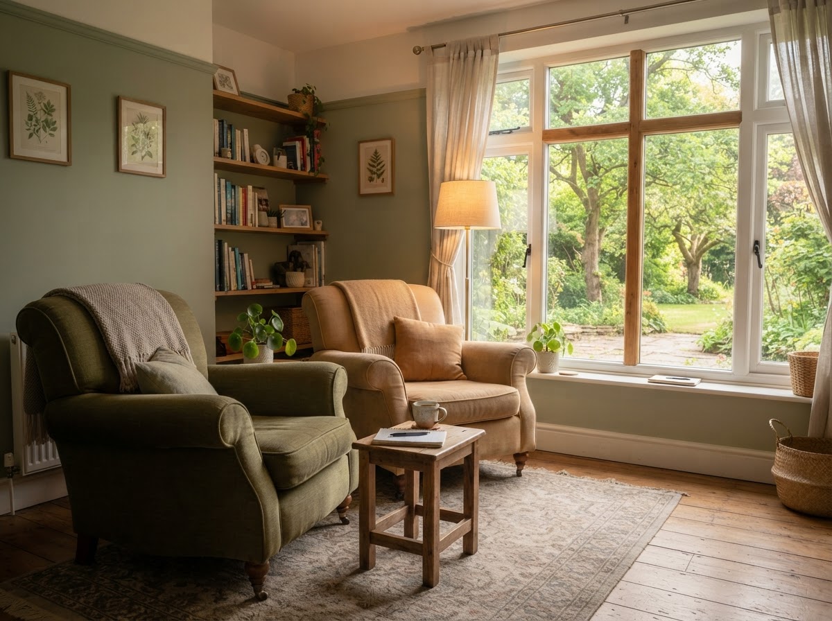 A quiet consultation room with two comfortable armchairs, soft warm lighting and a window with trees visible outside