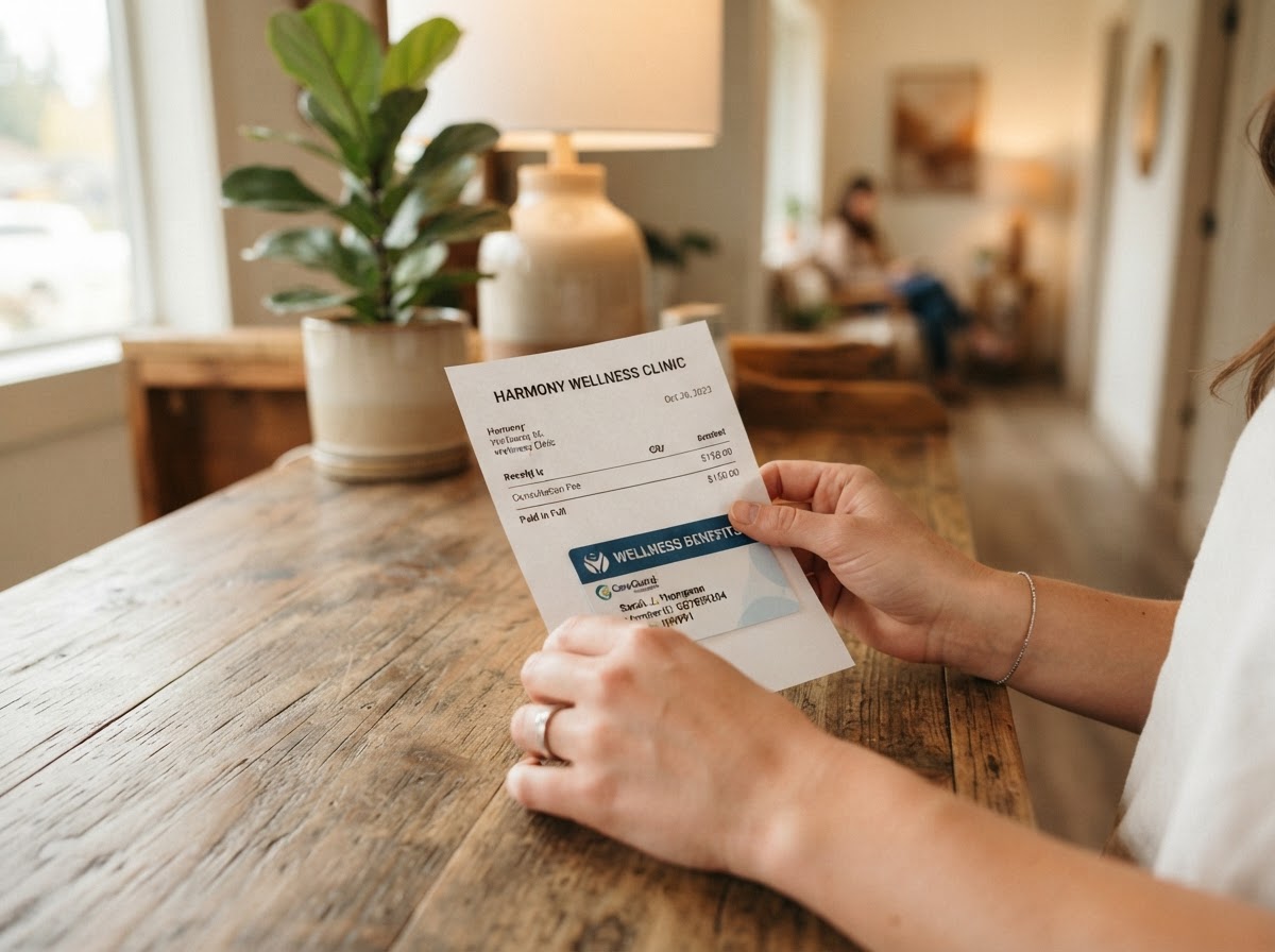 A close-up of hands holding a printed receipt and an insurance benefits card on a wooden desk in a warm wellness clinic