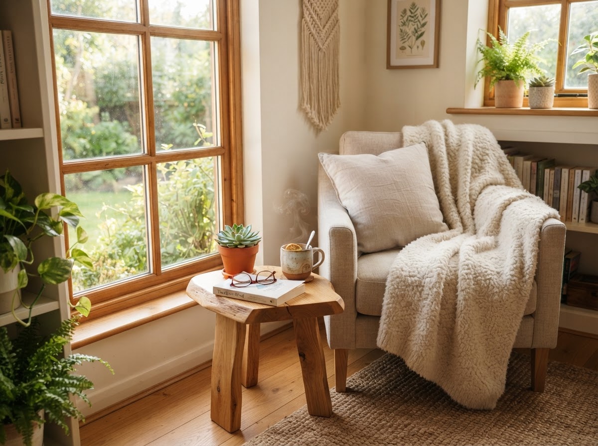 A peaceful wellness corner with a soft blanket, a cup of herbal tea and a small potted plant on a wooden side table near a window
