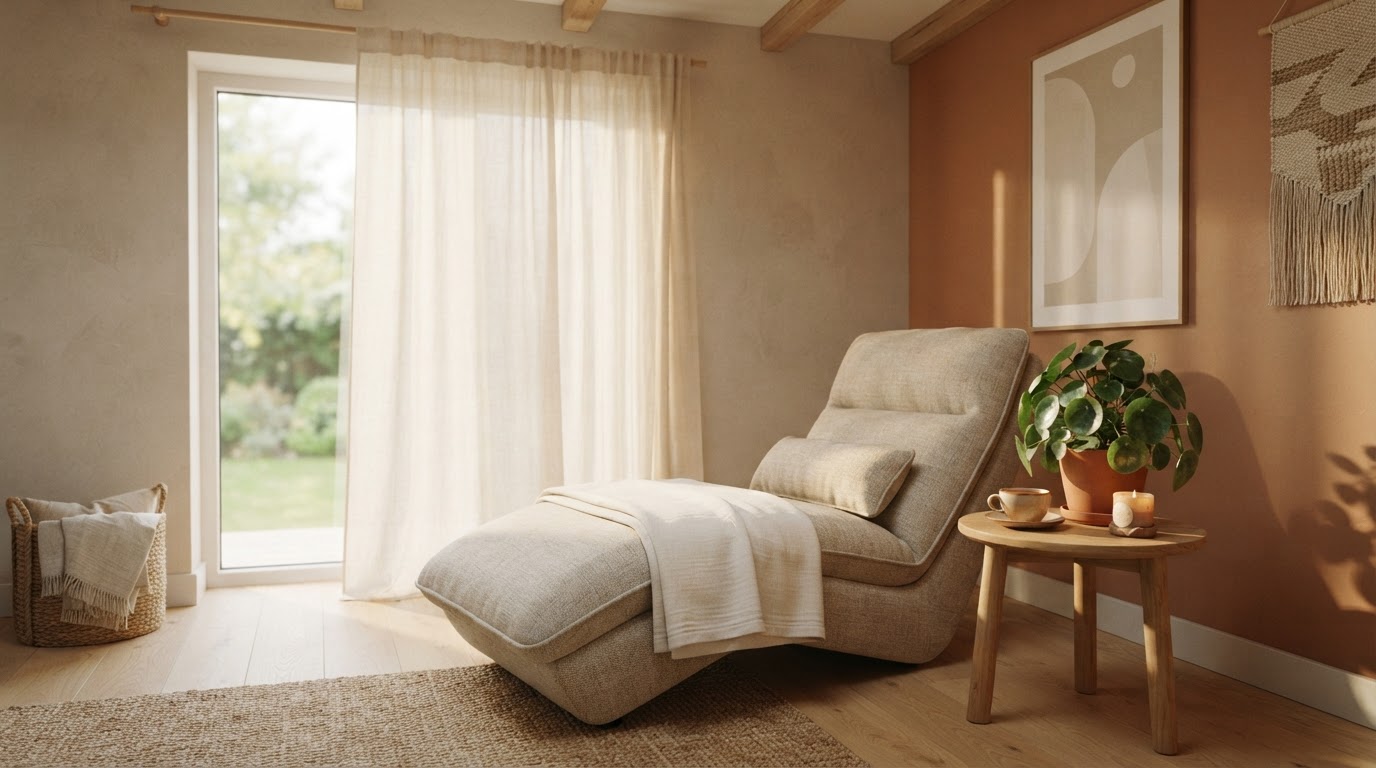 Sunlit wellness studio with a reclining chair, folded blanket, and potted plant beside a window