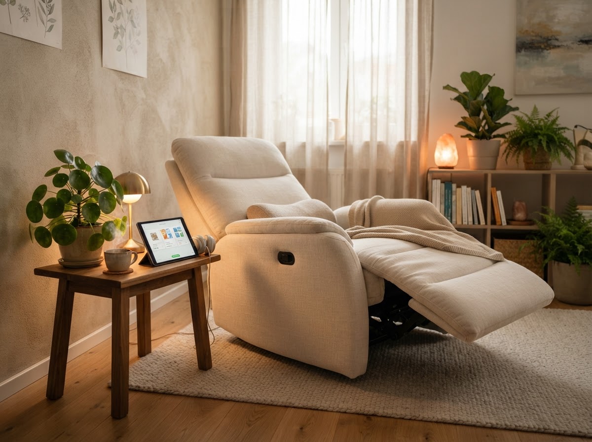 A comfortable reclining chair in a calming wellness room with soft lighting, ready for a relaxing brain training session