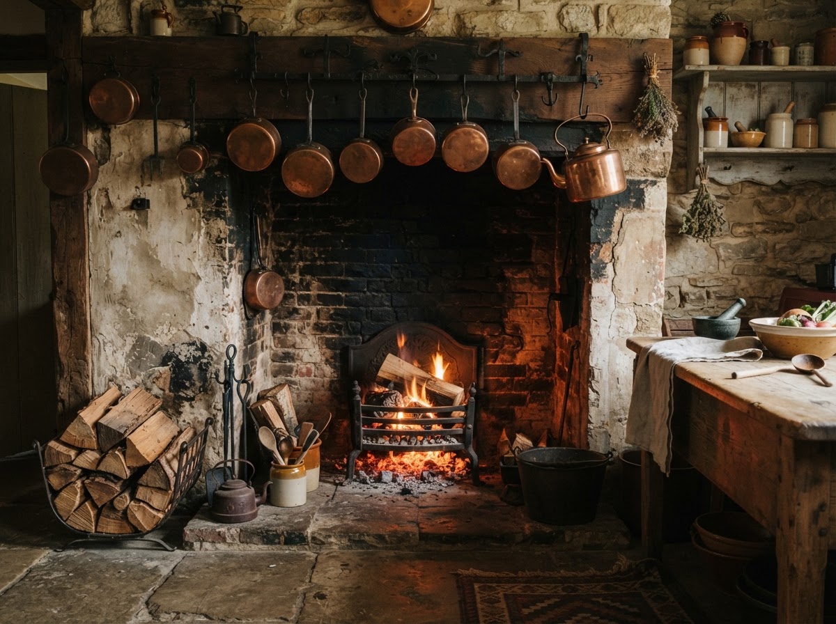 The wood-fired hearth at EMBER glowing with embers and copper pots