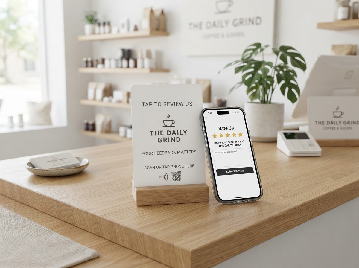 A smartphone displaying a Google review prompt after tapping an NFC Google Review Card on a retail counter