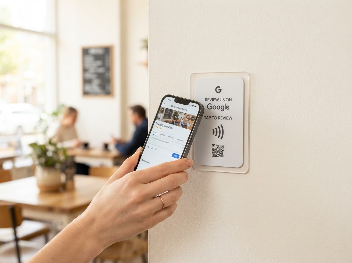 A customer tapping a smartphone against an NFC Google Review Card mounted on a wall
