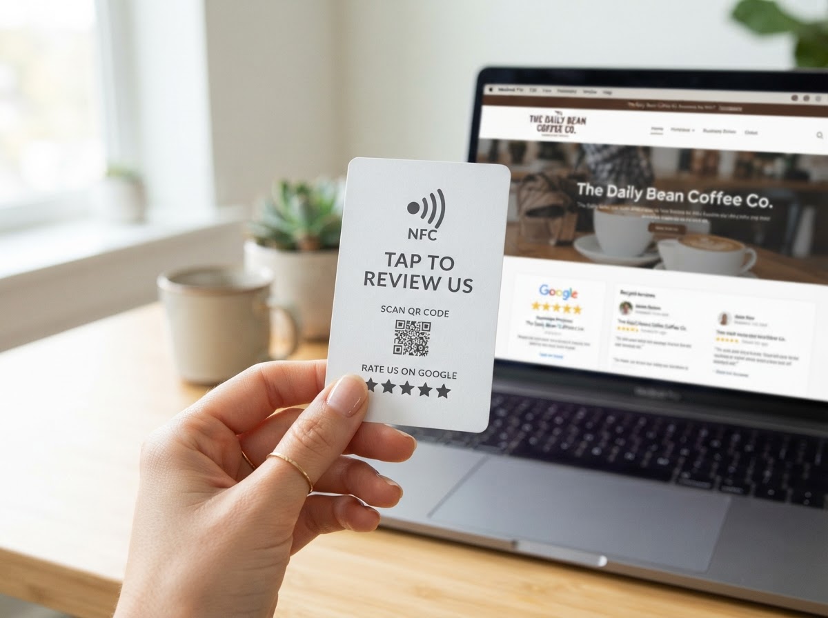 A customer holding an NFC Google Review Card in front of a laptop to leave a Google review