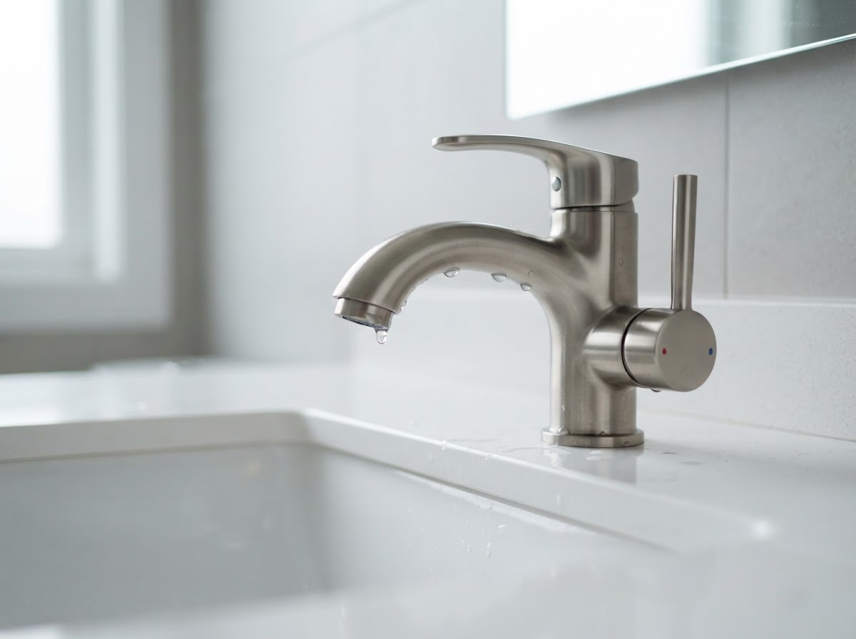Close-up of a brushed nickel bathroom faucet with water droplets