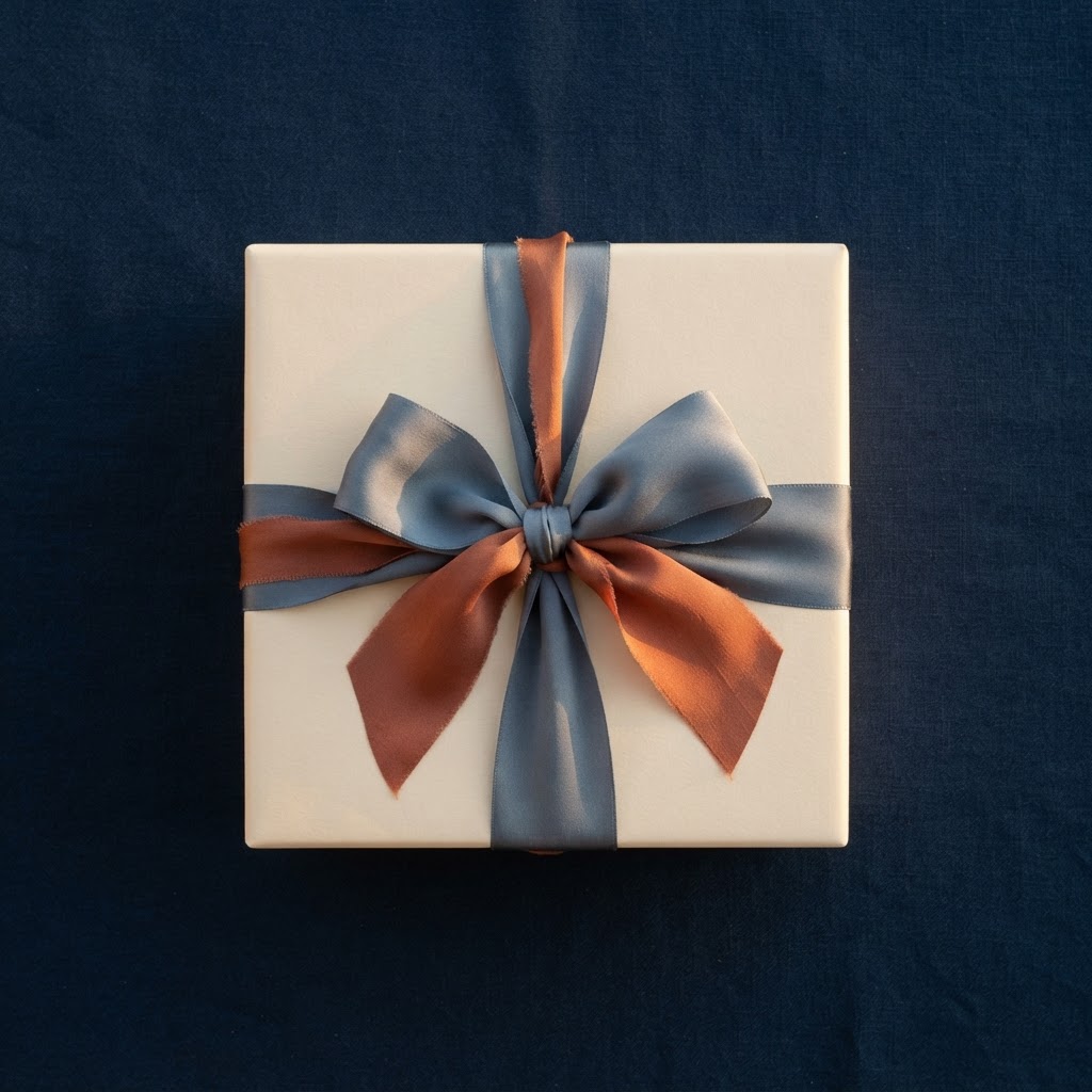 A softly wrapped gift with a slate-blue and terracotta ribbon