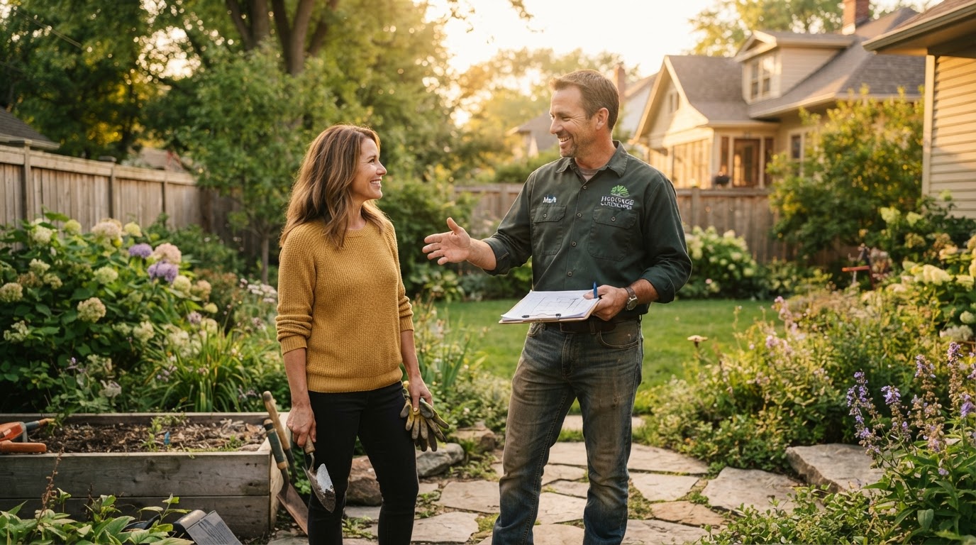 A local service business owner talking with a homeowner about a project in a suburban backyard