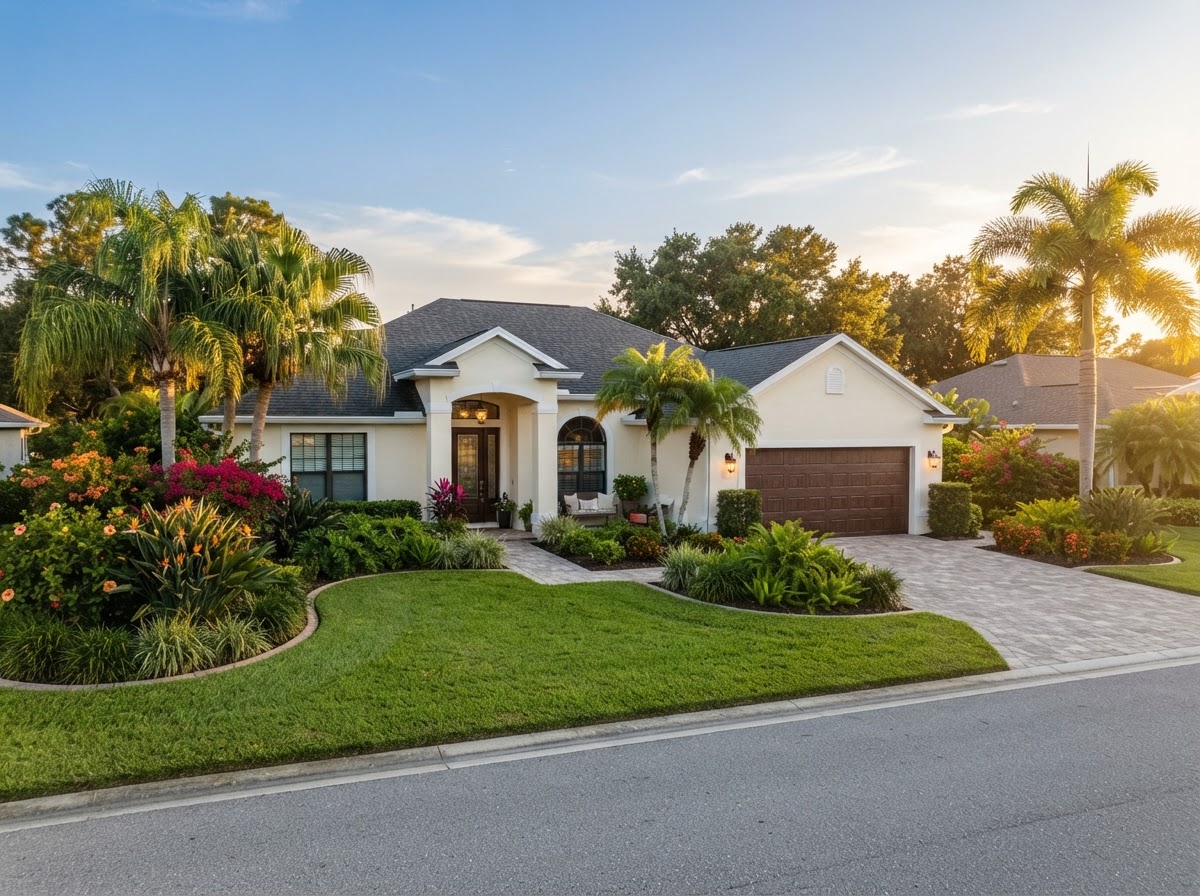 Well-maintained South Florida stucco home with tropical landscaping
