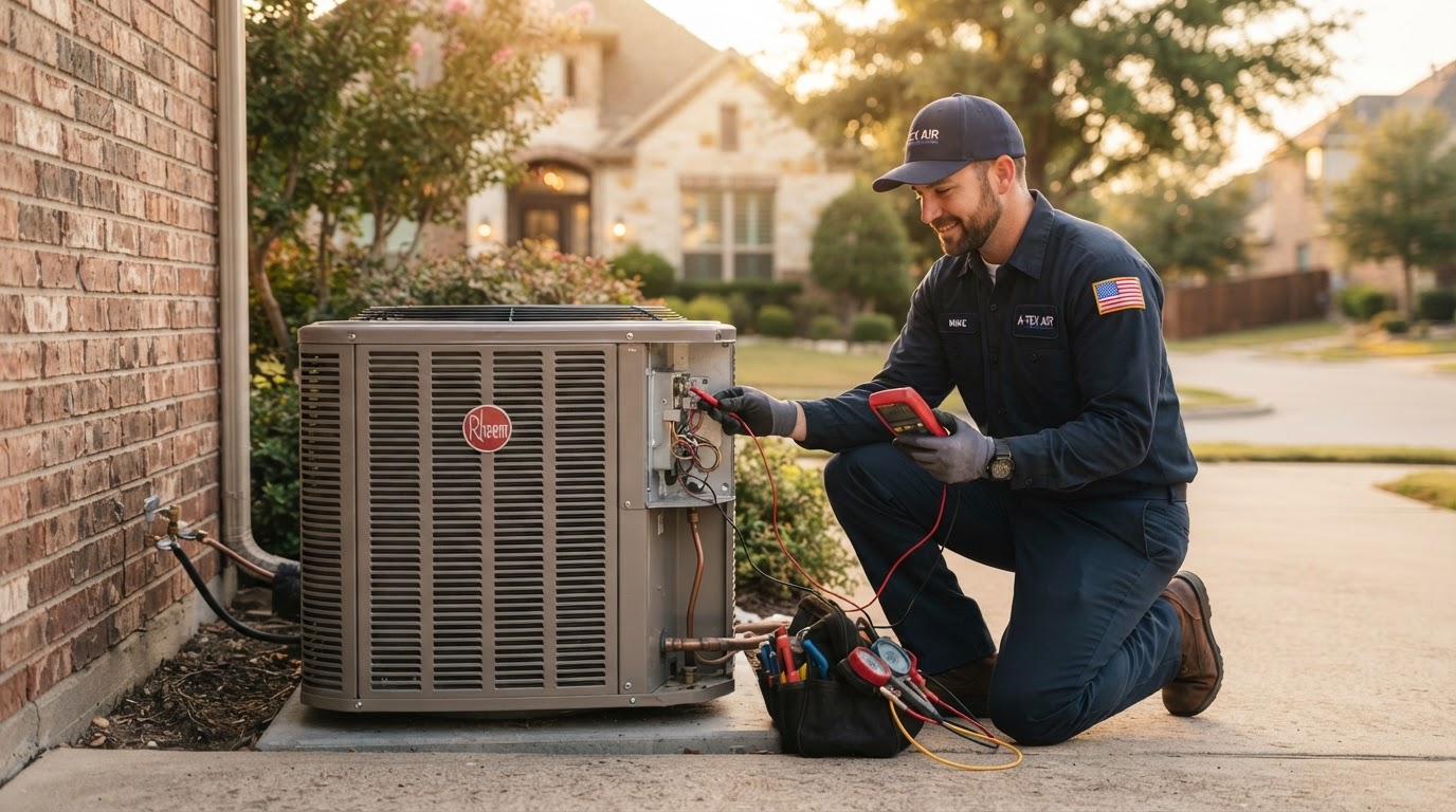 Davis HVAC technician inspecting a residential air conditioning condenser unit in a Texas driveway
