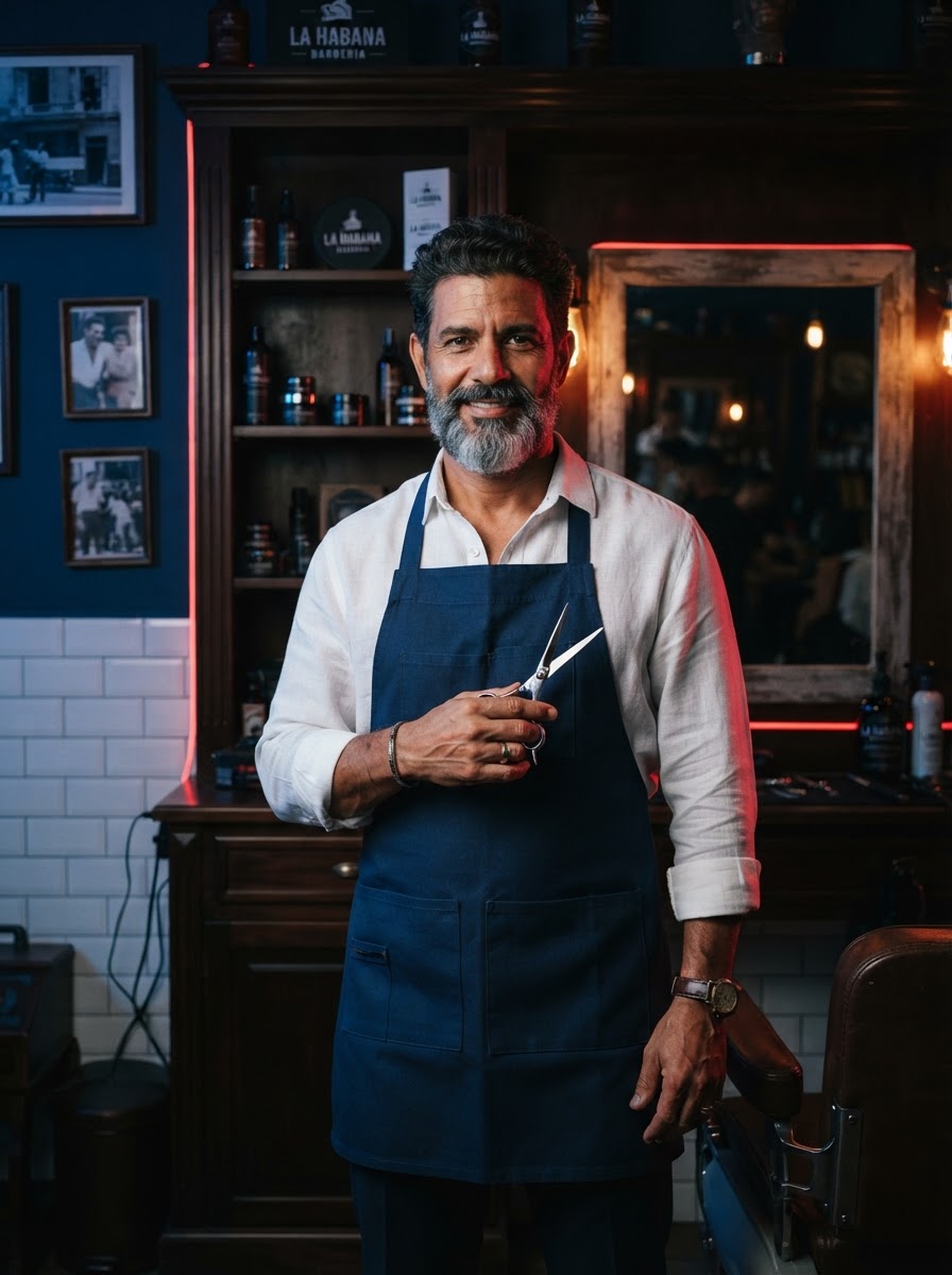 Didier, a Cuban barber, standing in his shop holding scissors