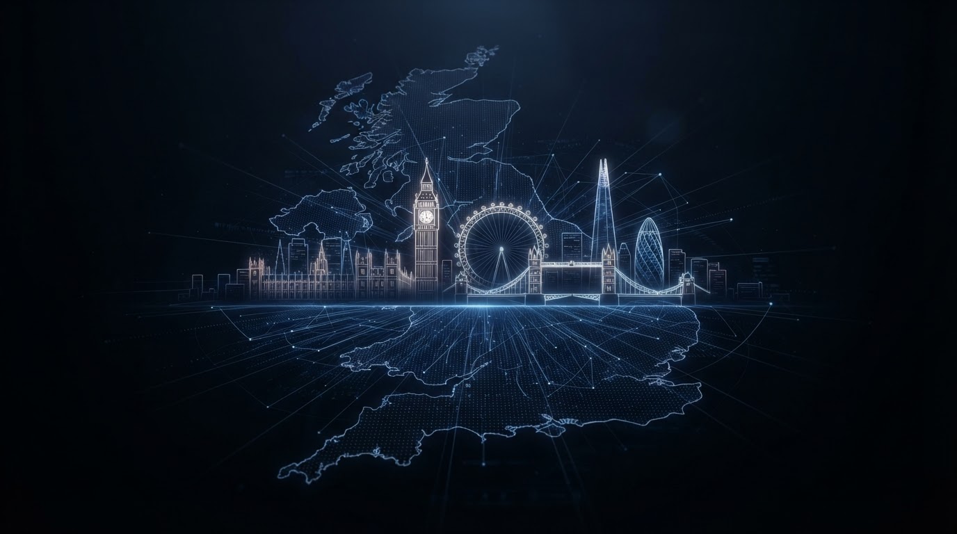 Subtle dark atmospheric background depicting the UK map and London skyline with glowing technology network lines