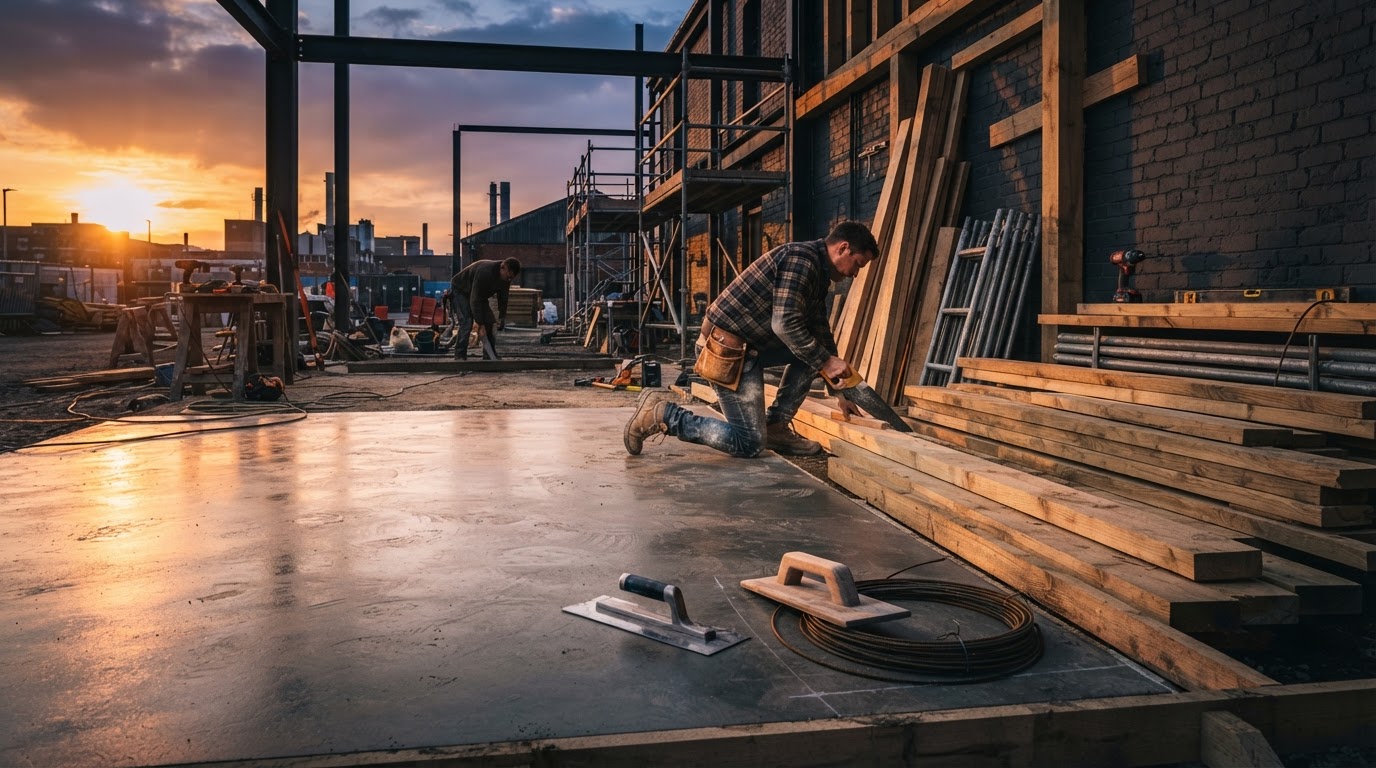 Concreting and carpentry site at golden hour