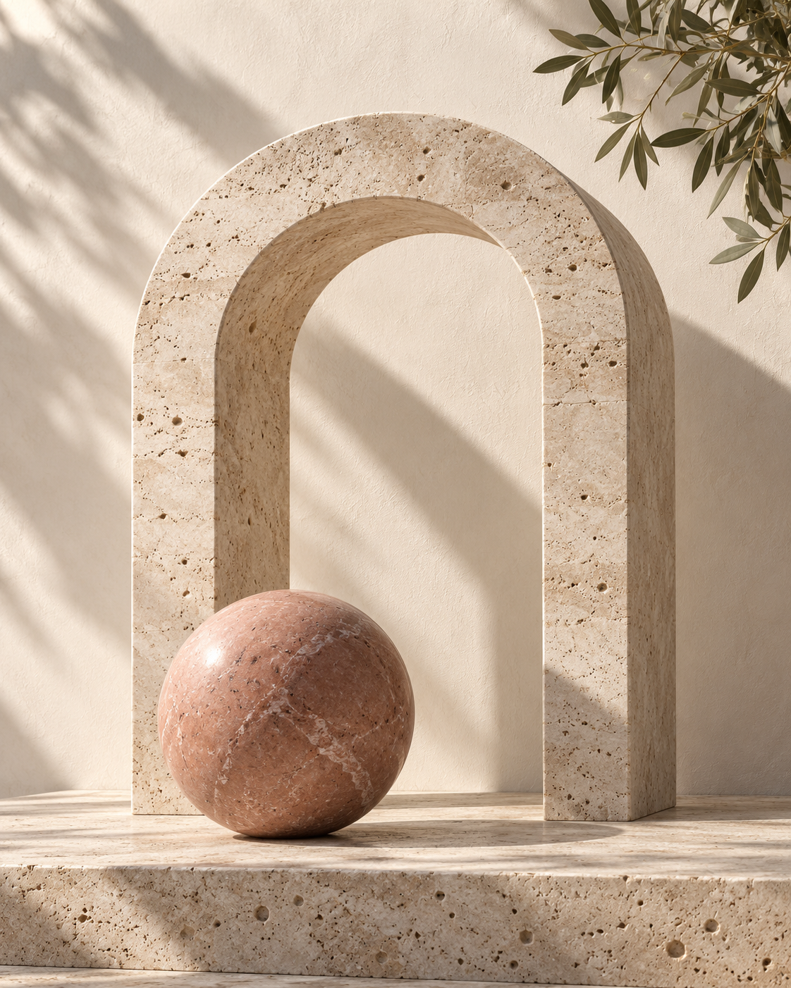 Stone Rose Labs architectural travertine arch with sculpted rose marble sphere