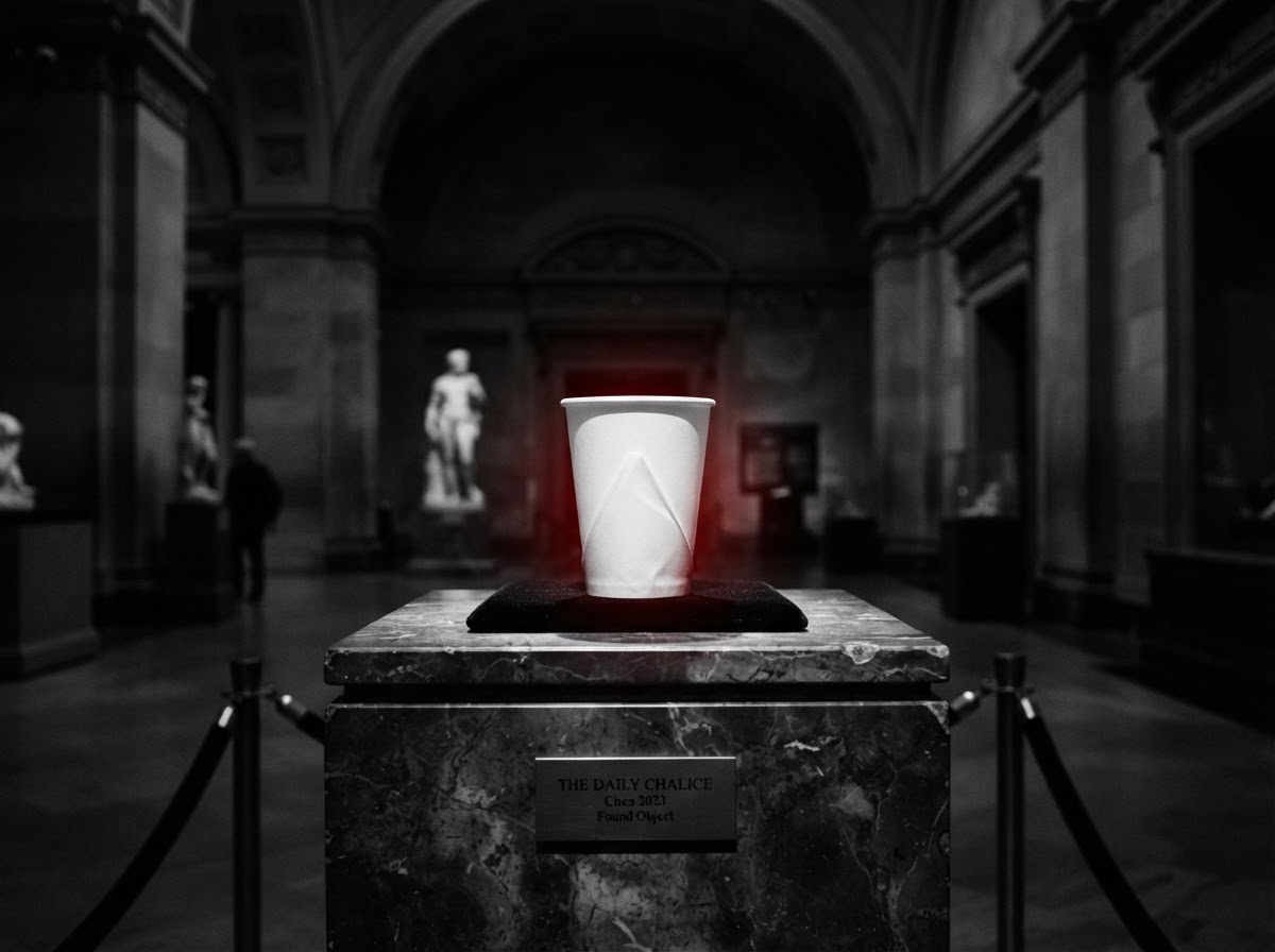 An ordinary paper water cup displayed on a marble pedestal under a dramatic spotlight, treated like a priceless national treasure