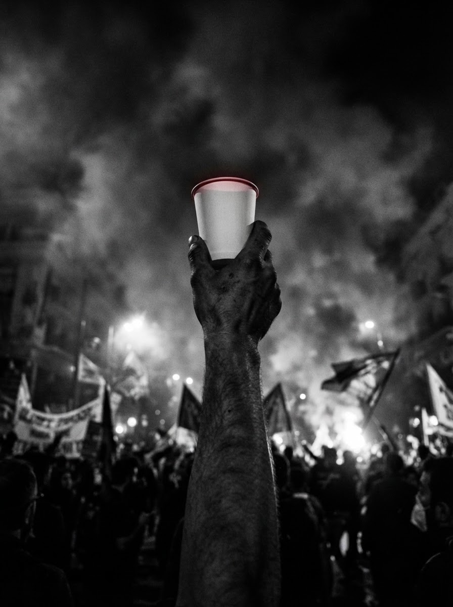 A hand raises a single paper water cup into a dark, smoky sky like a revolutionary torch
