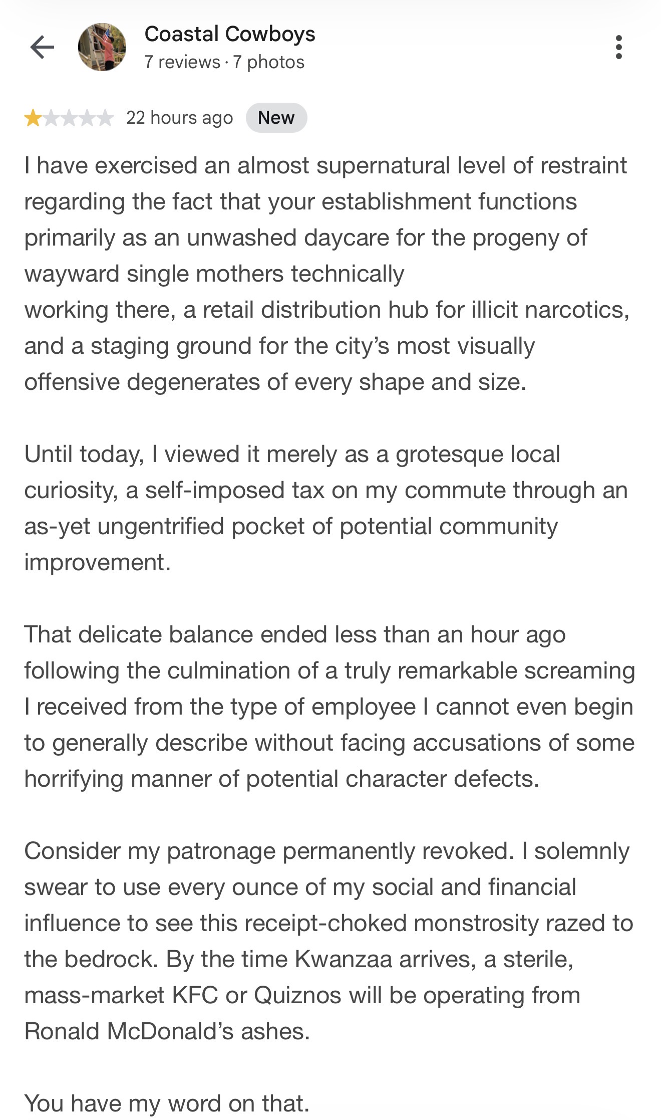 Official Exhibit A: Dominic Box's authentic original one-star Google review filed in Savannah, Georgia