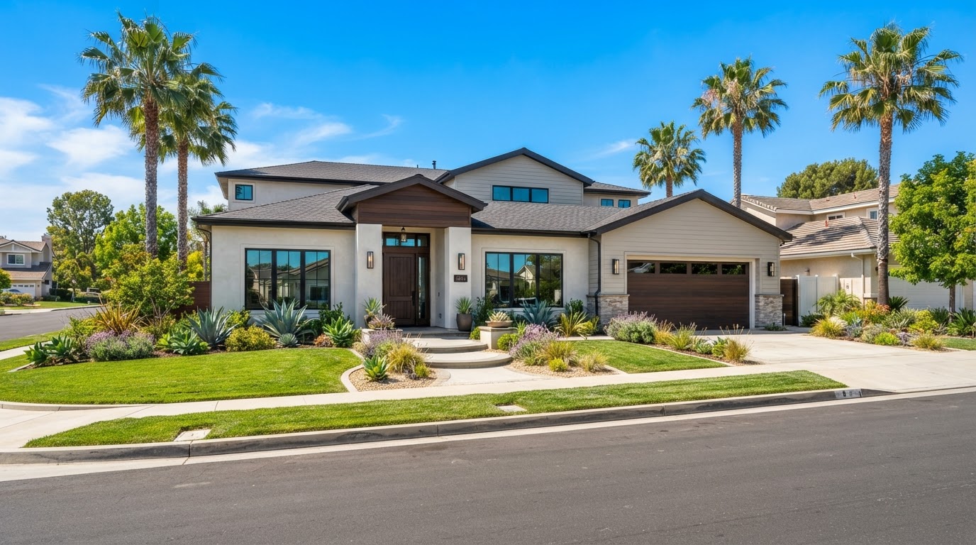 A modern Orange County home with a tidy front yard under a clear sky