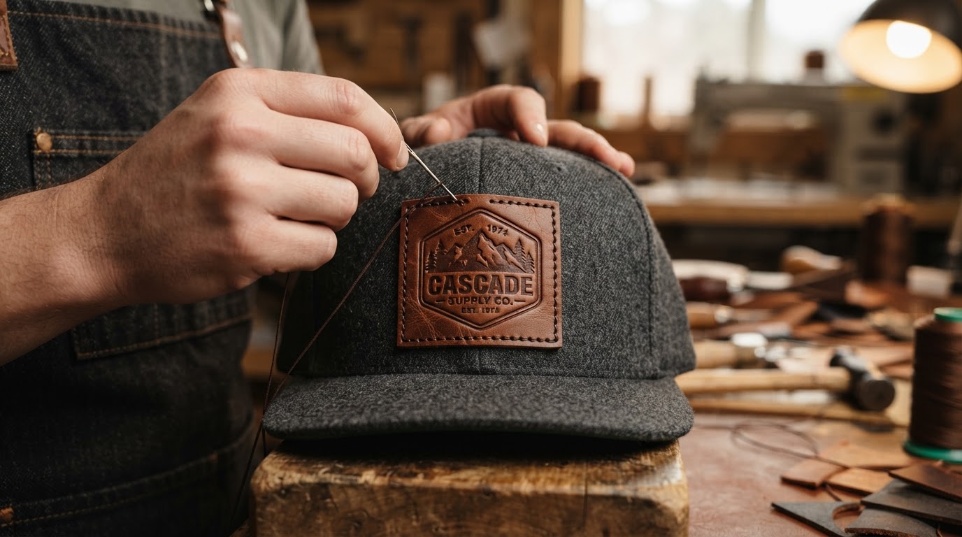 Close-up of a leather patch being crafted on a premium cap