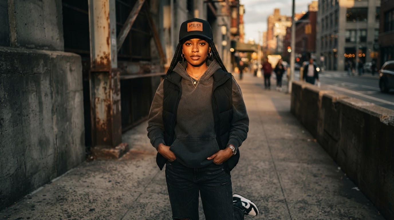 Person wearing a premium structured cap in the city