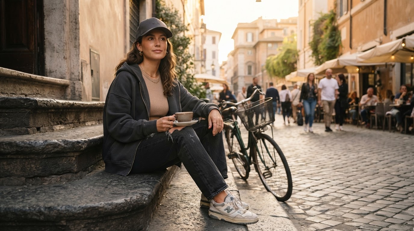 Person wearing a premium cap on city steps