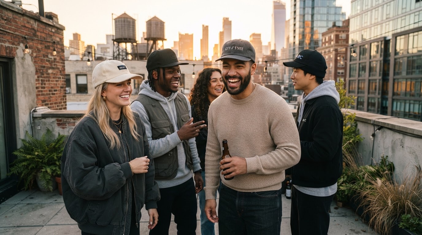 Friends wearing premium caps outdoors at golden hour