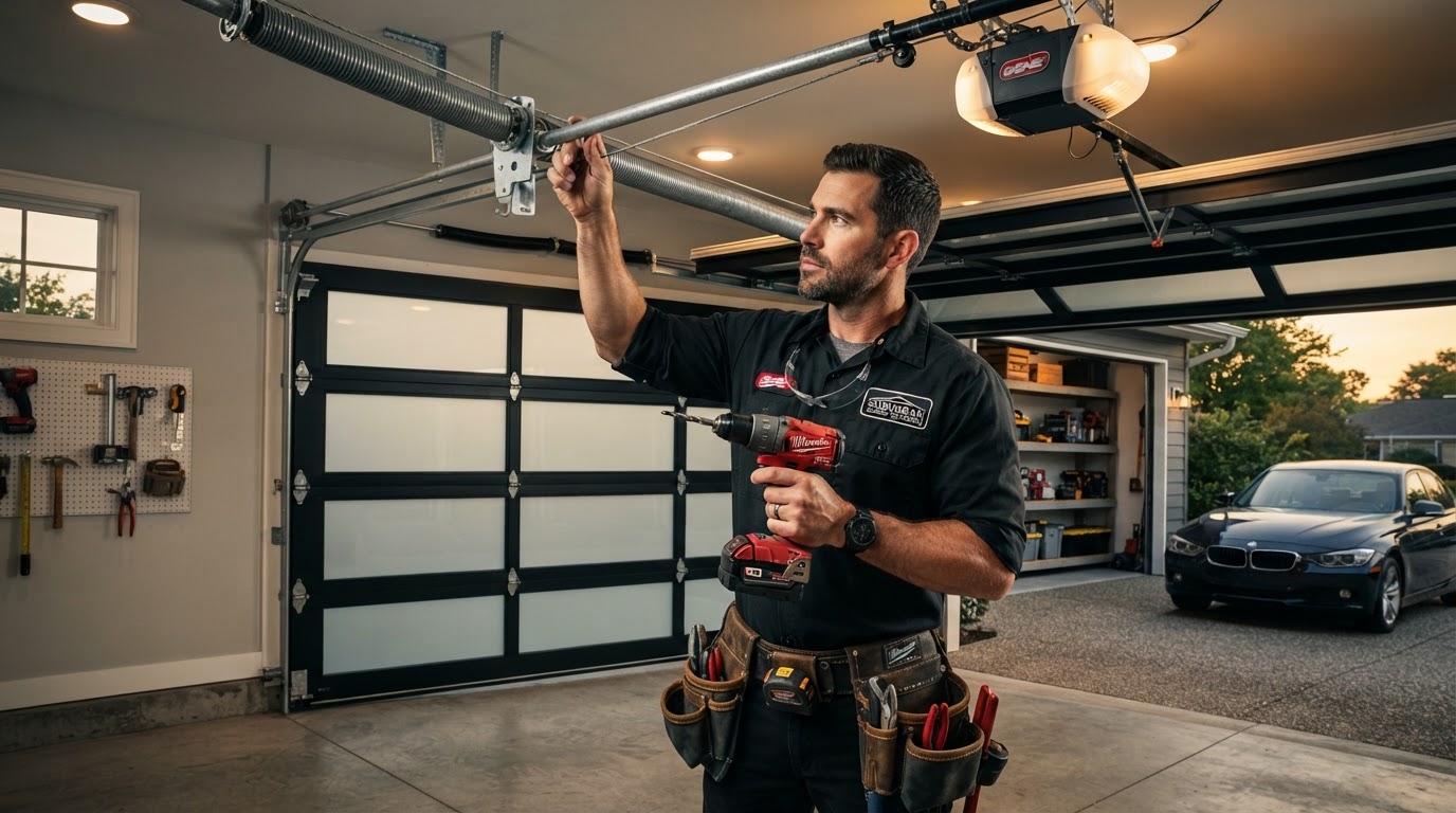 Professional garage door technician servicing a residential garage door in Bakersfield