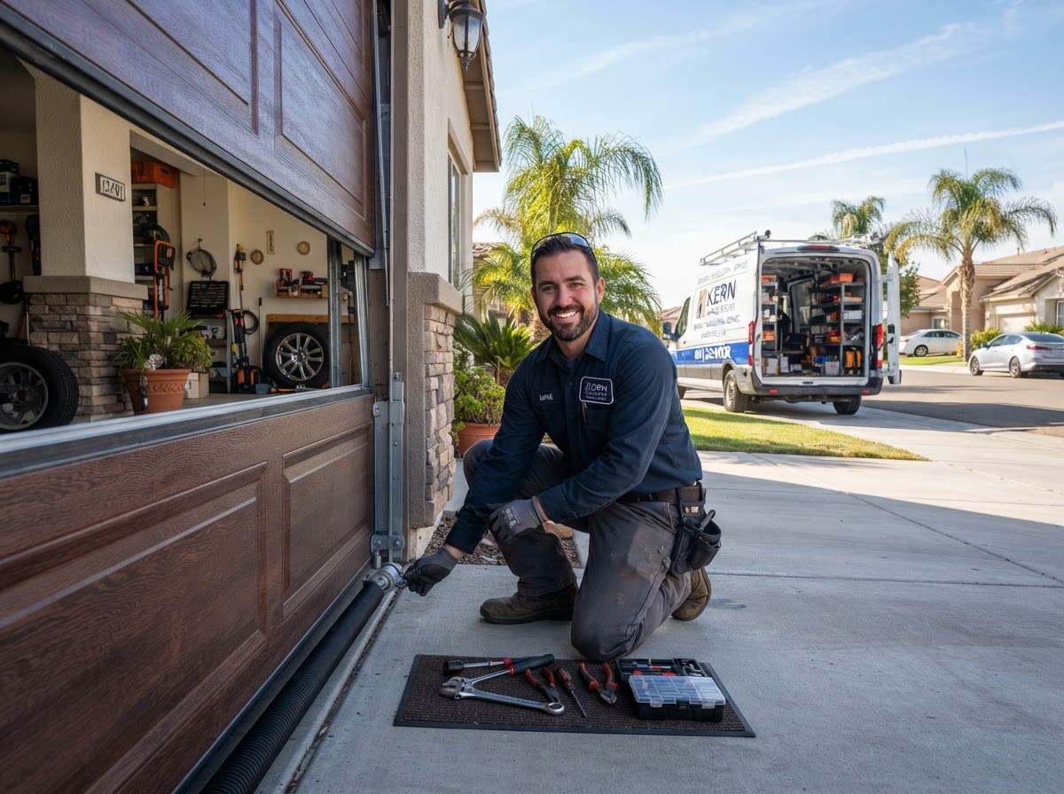 Prime Garage Door Services technician working on a residential garage door in Bakersfield
