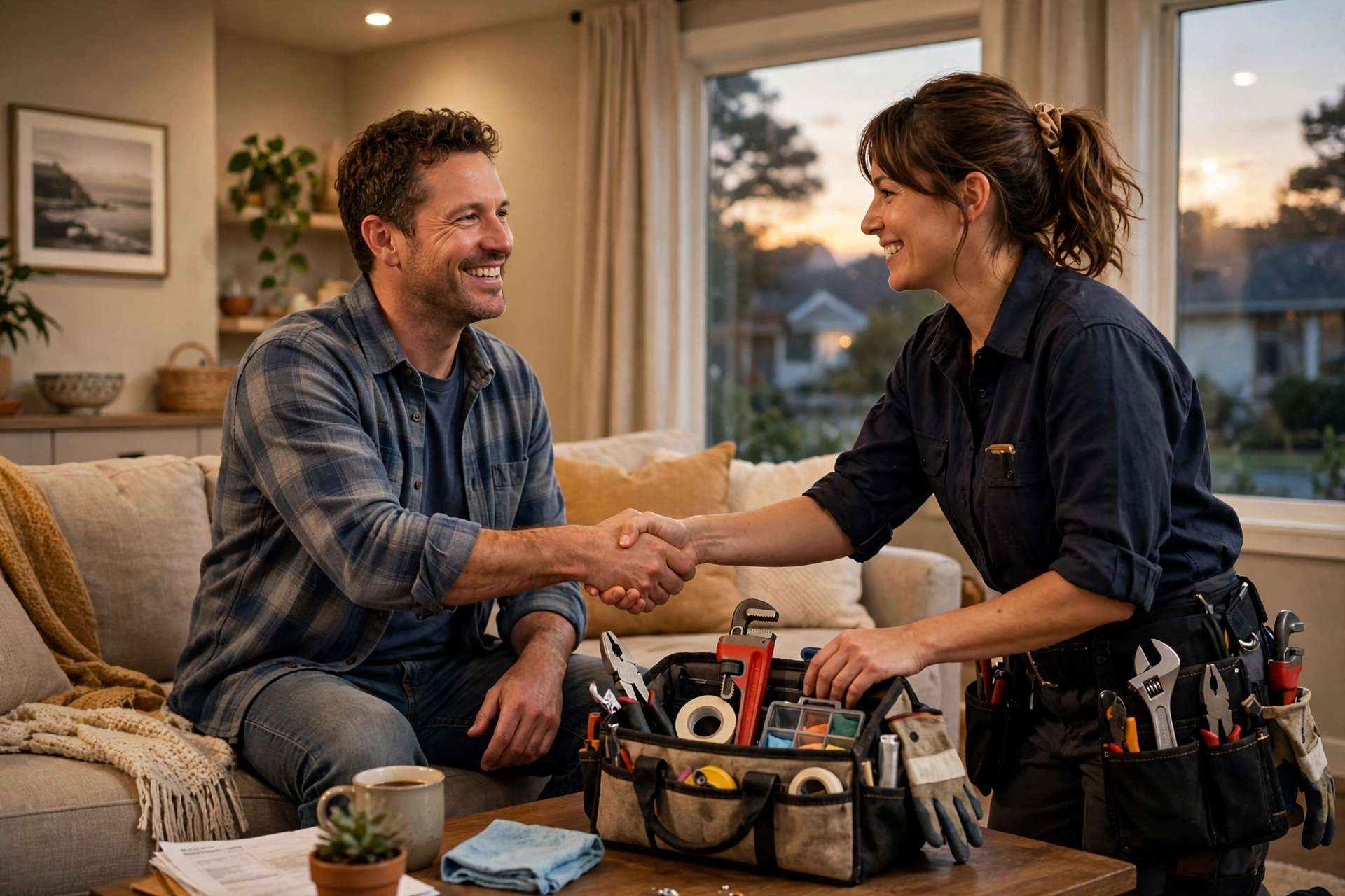 Friendly service technician greeted at a customer's front door with a warm handshake