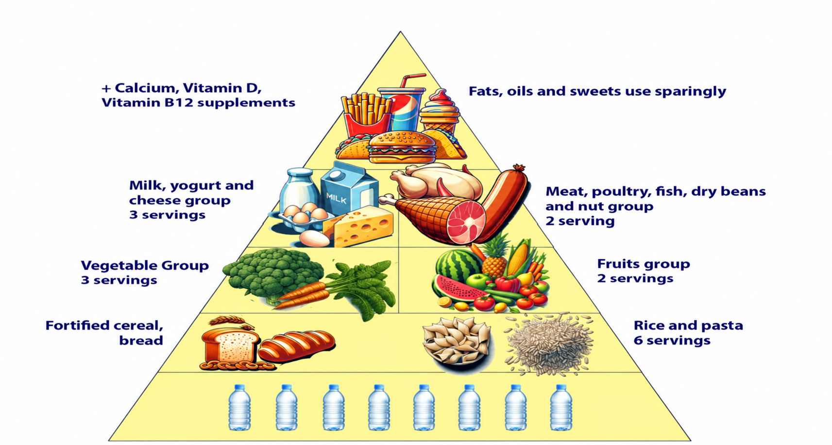 A food pyramid diagram showing how different food groups contribute to a balanced diet, with water at the foundation and fats, oils and sweets at the tip.