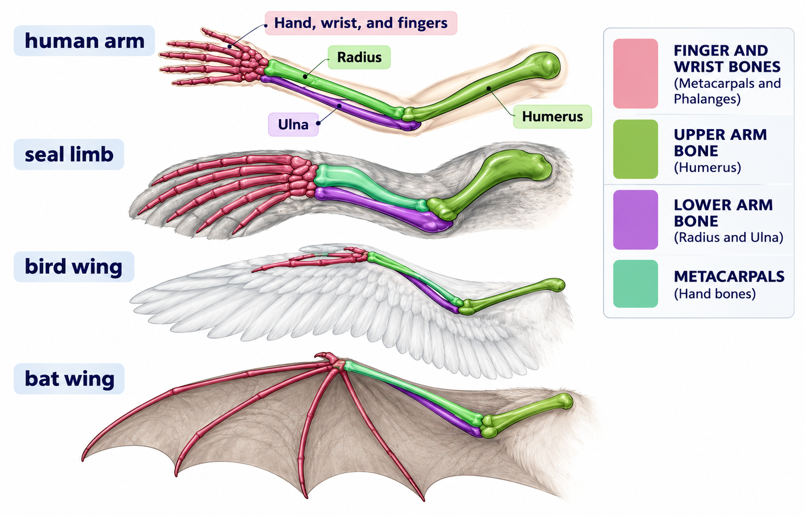 Anatomical diagram comparing the skeletal structures of four homologous forelimbs — human arm, seal limb/flipper, bird wing, and bat wing — color-coded by bone groups: humerus, radius and ulna, carpals, and phalanges.