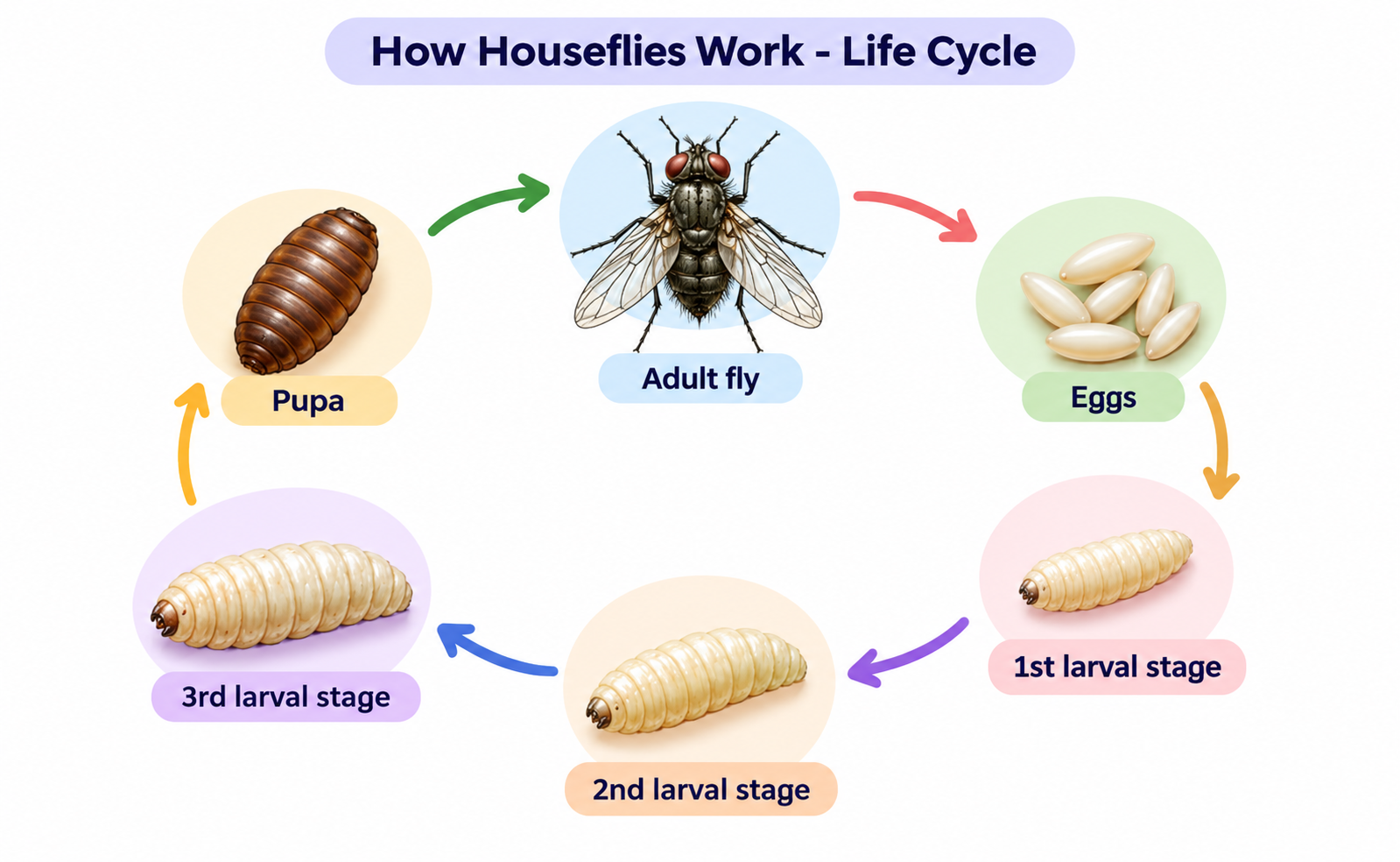 A circular life cycle diagram titled 'How Houseflies Work - Life Cycle' showing six stages in a circular sequence: Adult fly laying Eggs, which hatch into 1st larval stage, growing into 2nd larval stage, 3rd larval stage, turning into a Pupa, and emerging as an Adult fly.