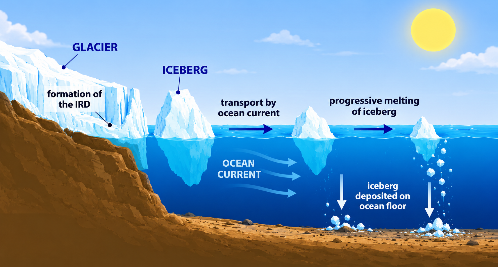 Process diagram illustrating an iceberg's journey from a glacier cliff into the ocean, showing formation, transport by ocean current, progressive melting, and deposition on the seabed.