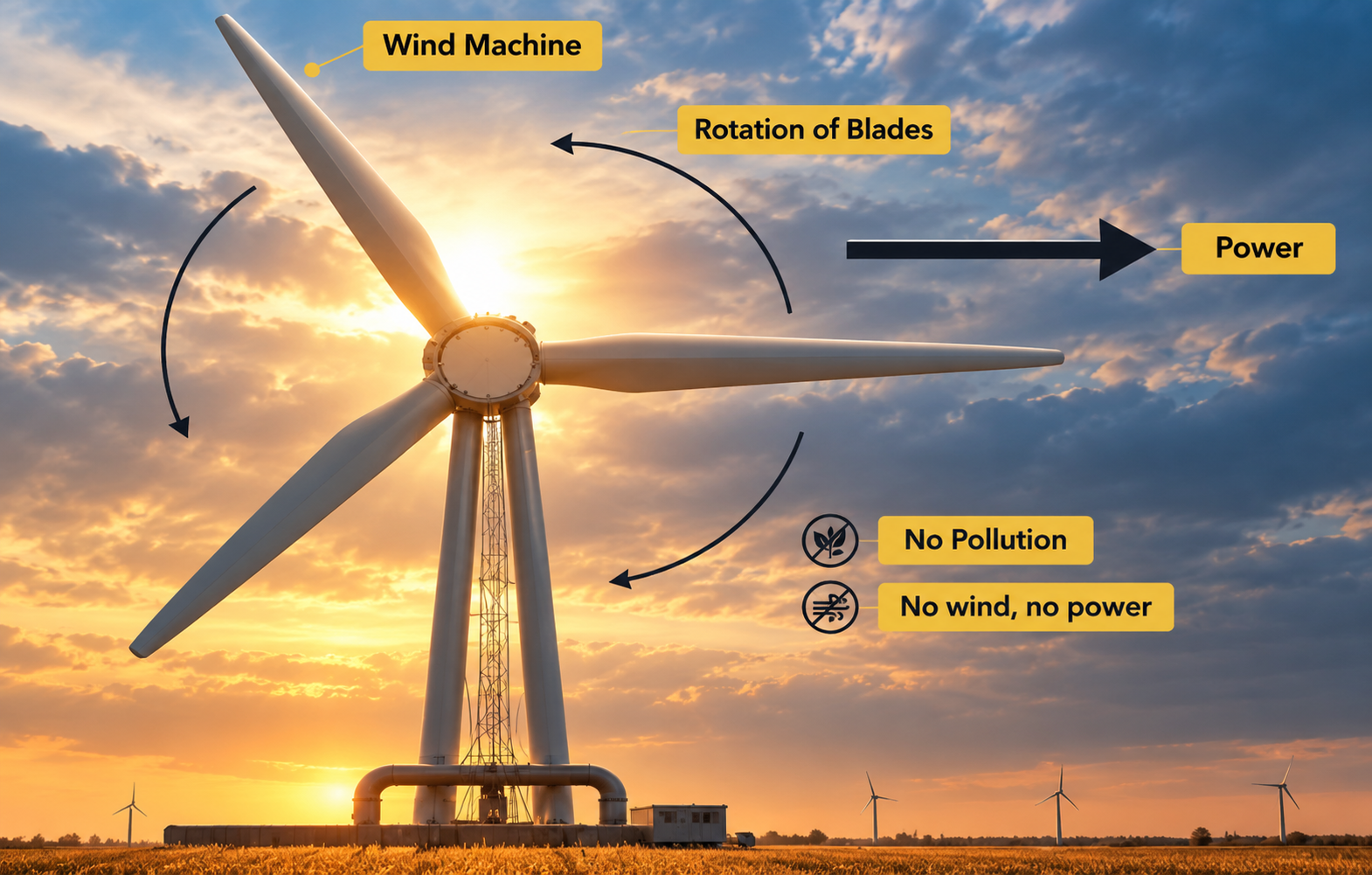 Infographic illustration of a large wind machine turbine against a sunset sky, with labels showing rotation of blades, power generation arrow, 'No Pollution', and 'No wind, no power'.