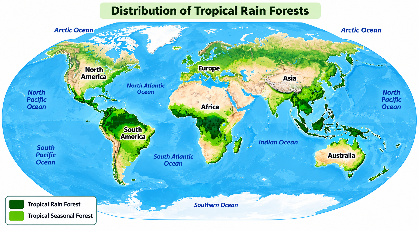 A world map illustrating the global distribution of tropical rain forests (dark green) and tropical seasonal forests (light green) forming an equatorial belt across South America, Africa, and Southeast Asia.