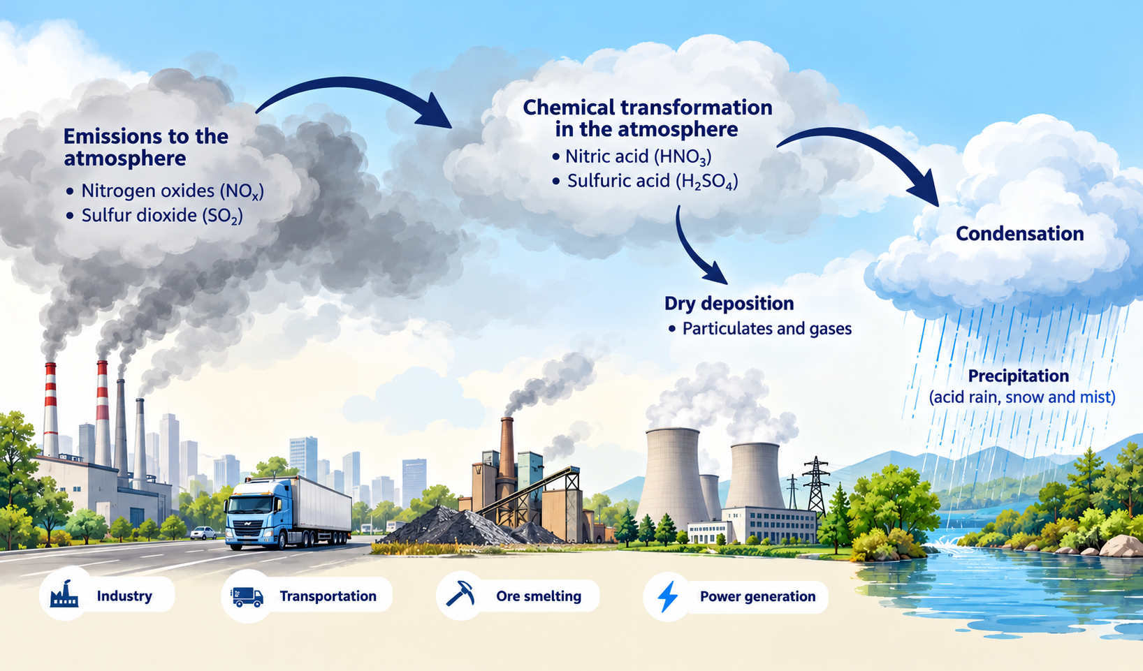 A diagram illustrating the formation of acid rain from emissions (industry, transportation, ore smelting, power generation) releasing nitrogen oxides and sulfur dioxide into the atmosphere, undergoing chemical transformation into nitric and sulfuric acid, and returning via dry deposition and precipitation.