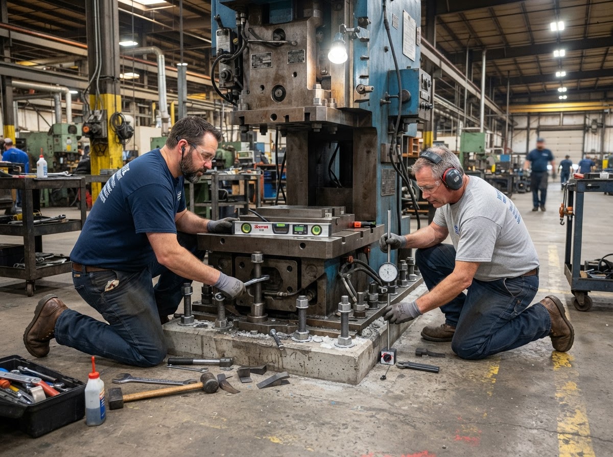Millwrights aligning and levelling an industrial machine during installation
