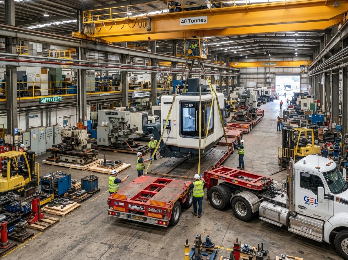 Production line equipment staged and prepared for a plant relocation project