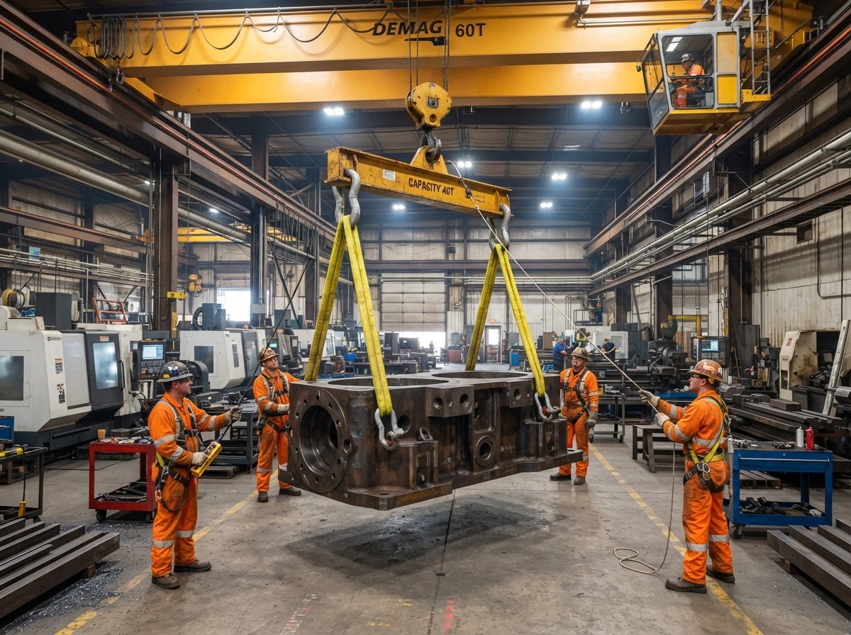 Industrial rigging crew lifting and positioning heavy equipment with slings and spreader beams