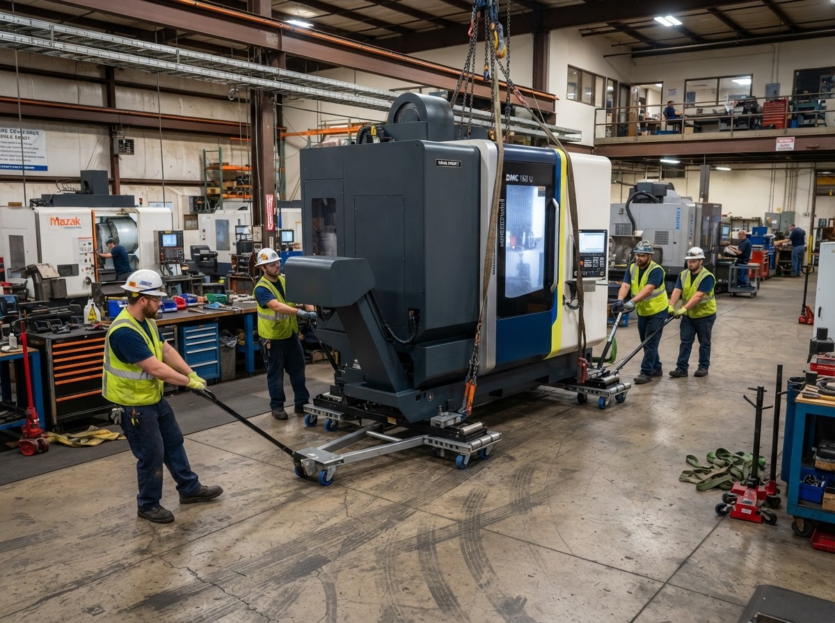 Industrial CNC machinery being moved on heavy-duty skates within a manufacturing facility