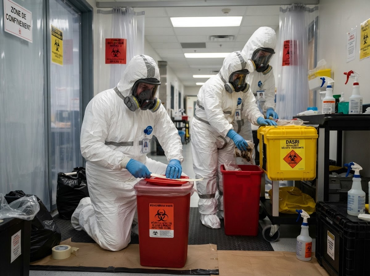 Techniciens LPS en combinaison de protection pendant une décontamination