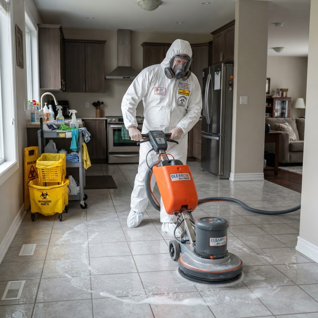 Technicien LPS évacuant des déchets souillés lors d'une décontamination après décès
