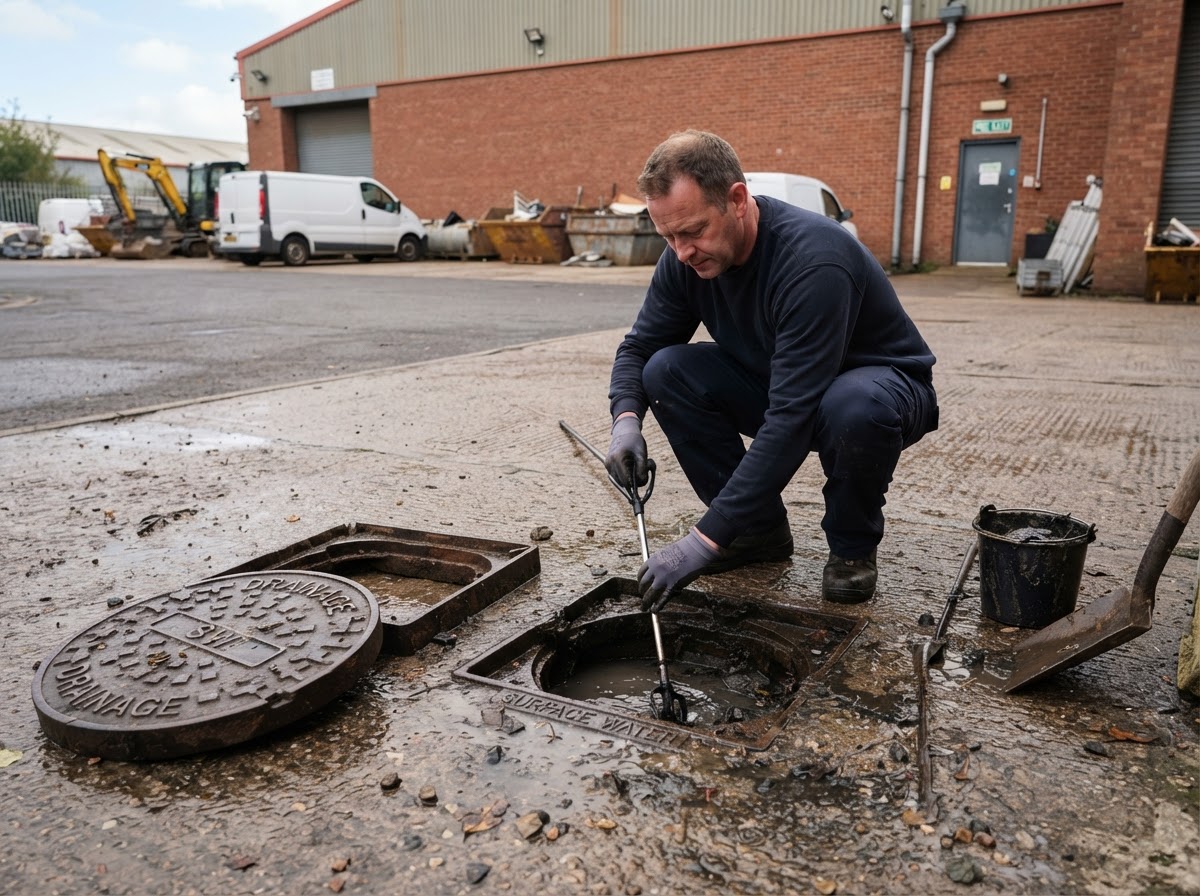 Drainage engineer clearing an external commercial drain gully