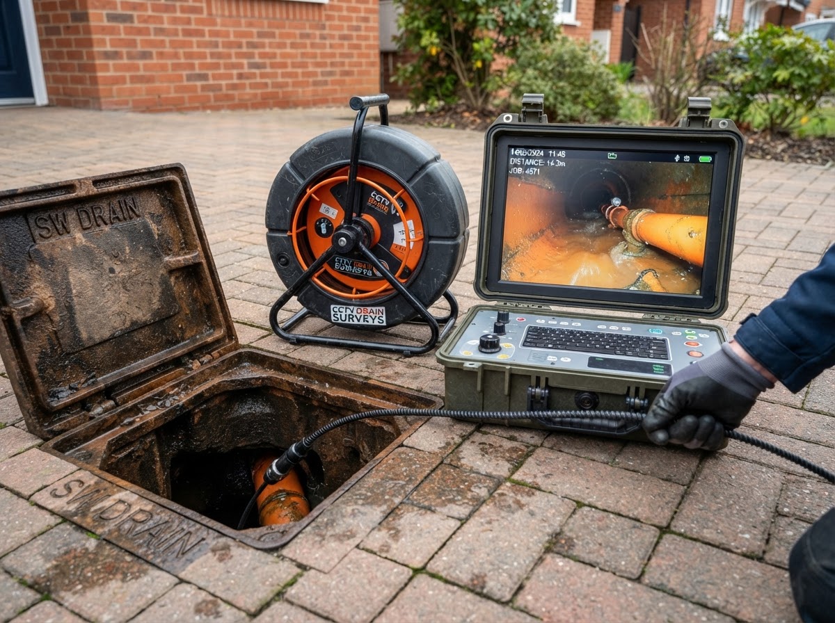 CCTV drain survey monitor and reel beside an inspection chamber