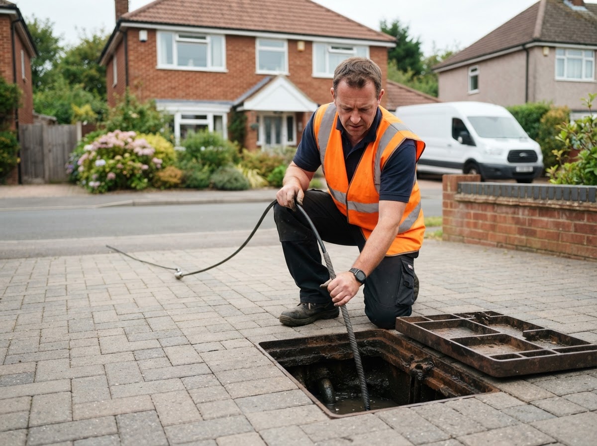 Drainage engineer clearing a blockage at an external drain inspection chamber