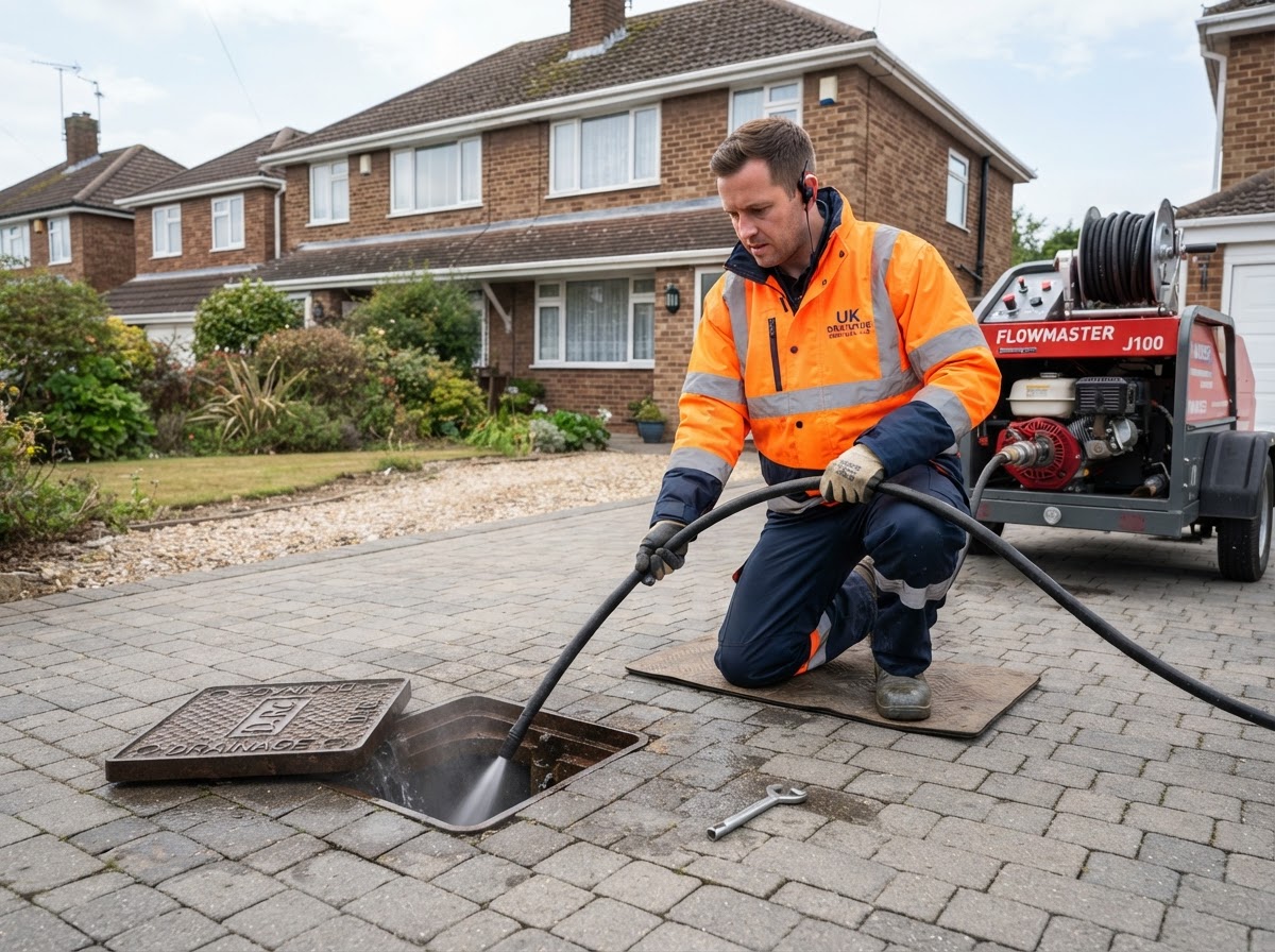 Drain jetting equipment clearing an exterior domestic drain