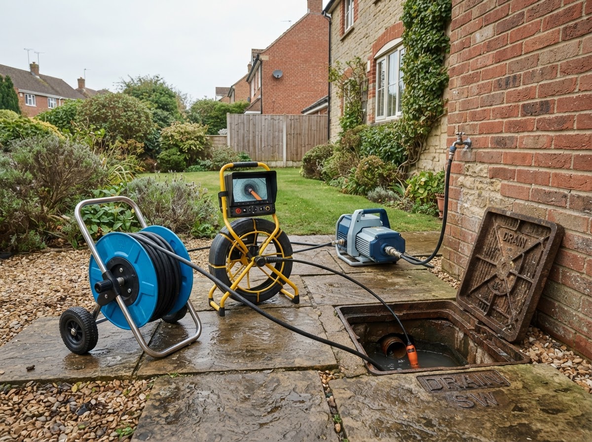 Drainage equipment including high-pressure jetting hose reel and CCTV camera cable reel set up beside a drain inspection chamber